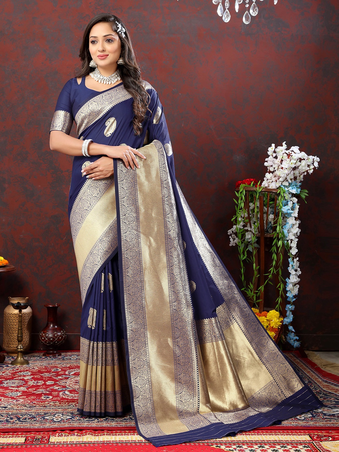 

Divyadham Textiles Paisley Woven Design Zari Pure Silk Banarasi Saree, Blue