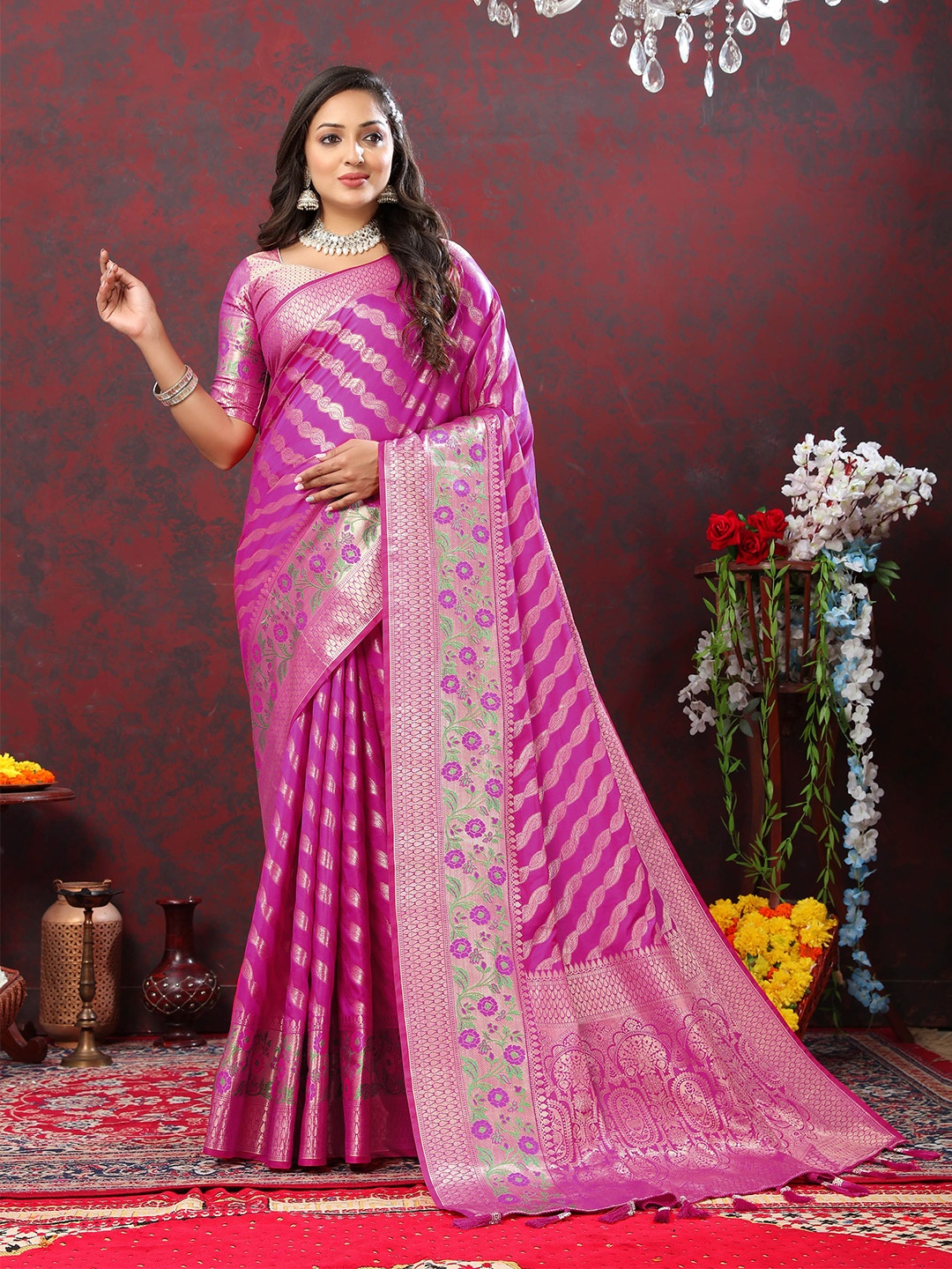 

Divyadham Textiles Striped Woven Design Zari Pure Silk Banarasi Saree, Pink