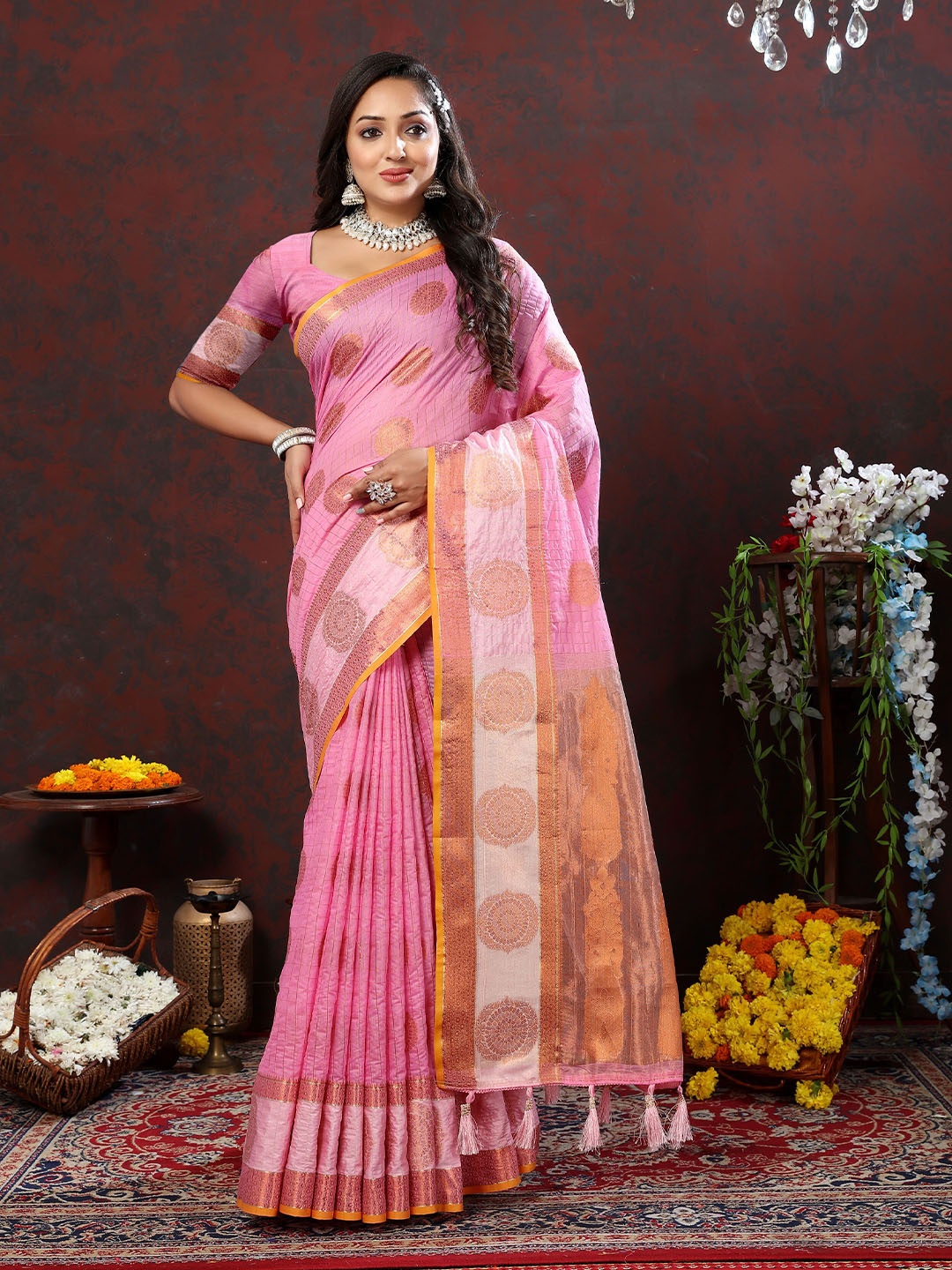 

Divyadham Textiles Ethnic Motifs Woven Design Zari Banarasi Saree, Pink