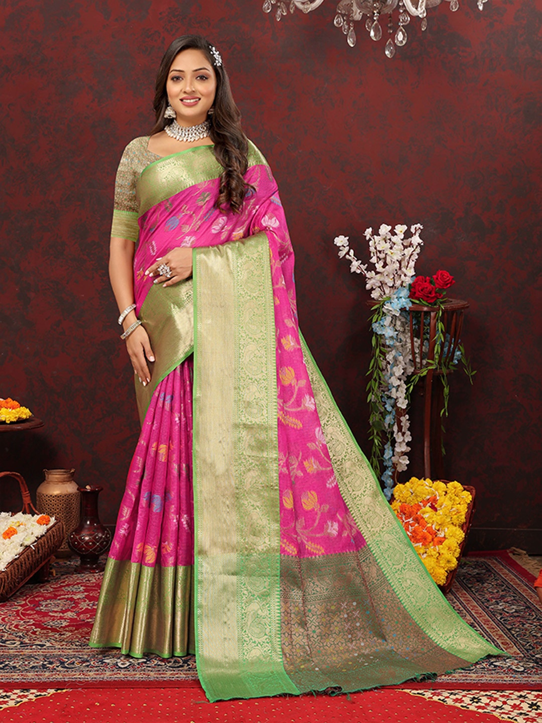 

Divyadham Textiles Ethnic Motifs Woven Design Silk Cotton Zari Banarasi Saree, Pink