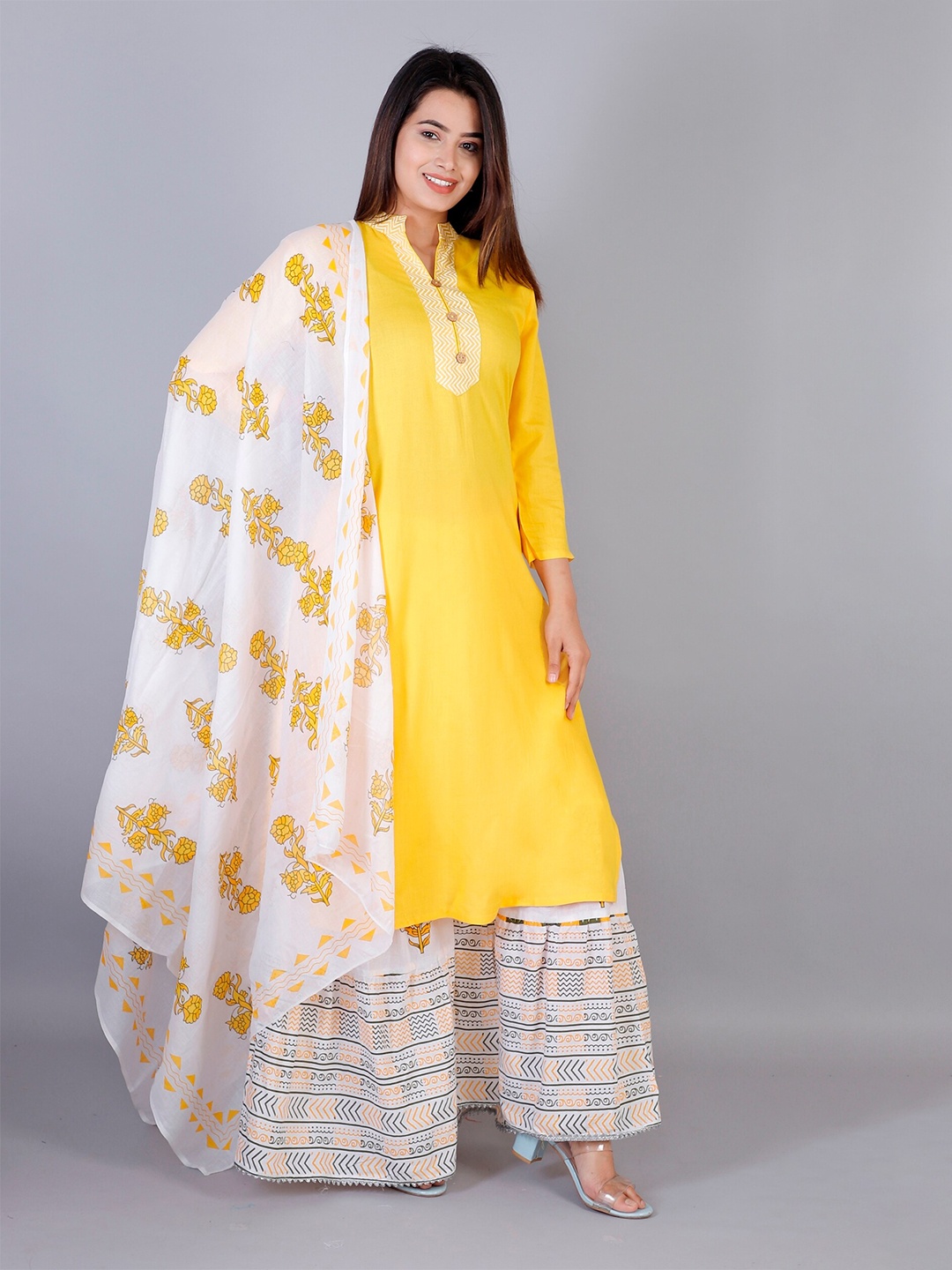 

R RANAK CREATION Mandarin Collar Regular Kurta with Sharara & Dupatta, Yellow