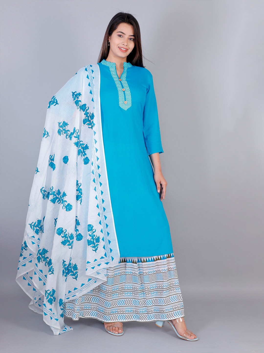 

R RANAK CREATION Yoke Design Regular Kurta with Sharara & With Dupatta, Blue