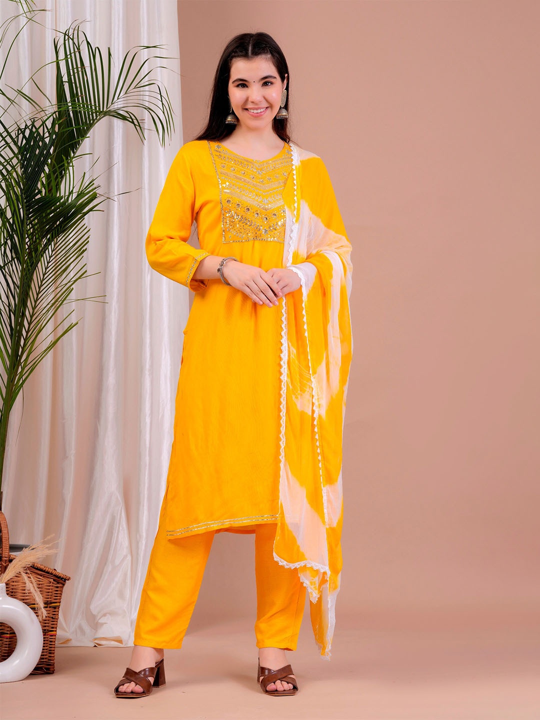 

R RANAK CREATION Floral Yoke Design Regular Sequinned Kurta with Palazzos & With Dupatta, Yellow