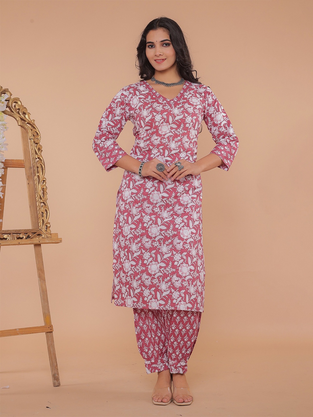 

R RANAK CREATION Floral Printed Regular Pure Cotton Kurta with Salwar, Pink
