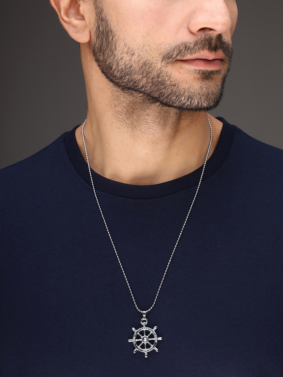 

Bold by Priyaasi Men Silver-Plated Ship Wheel-Shaped Pendants With Chain