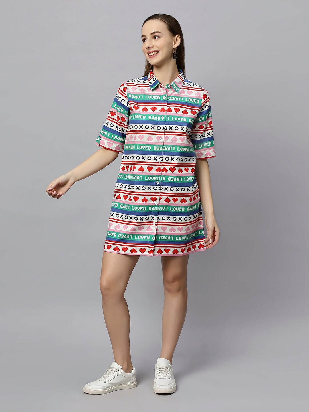 

DressBerry Red & White Conversational Print Cotton Shirt Dress