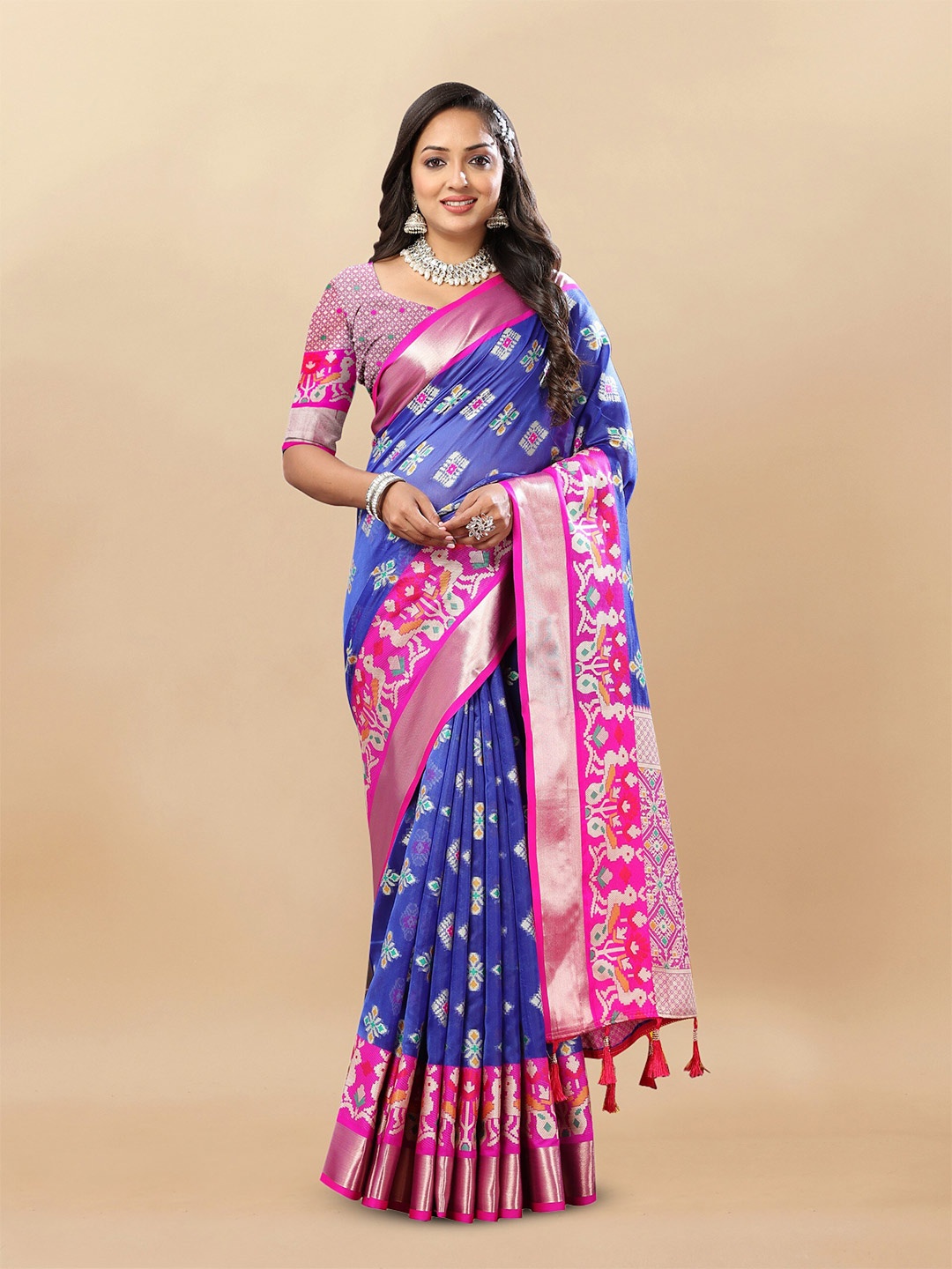 

bansari textiles Ethnic Motifs Woven Design Zari Organza Banarasi Saree, Blue