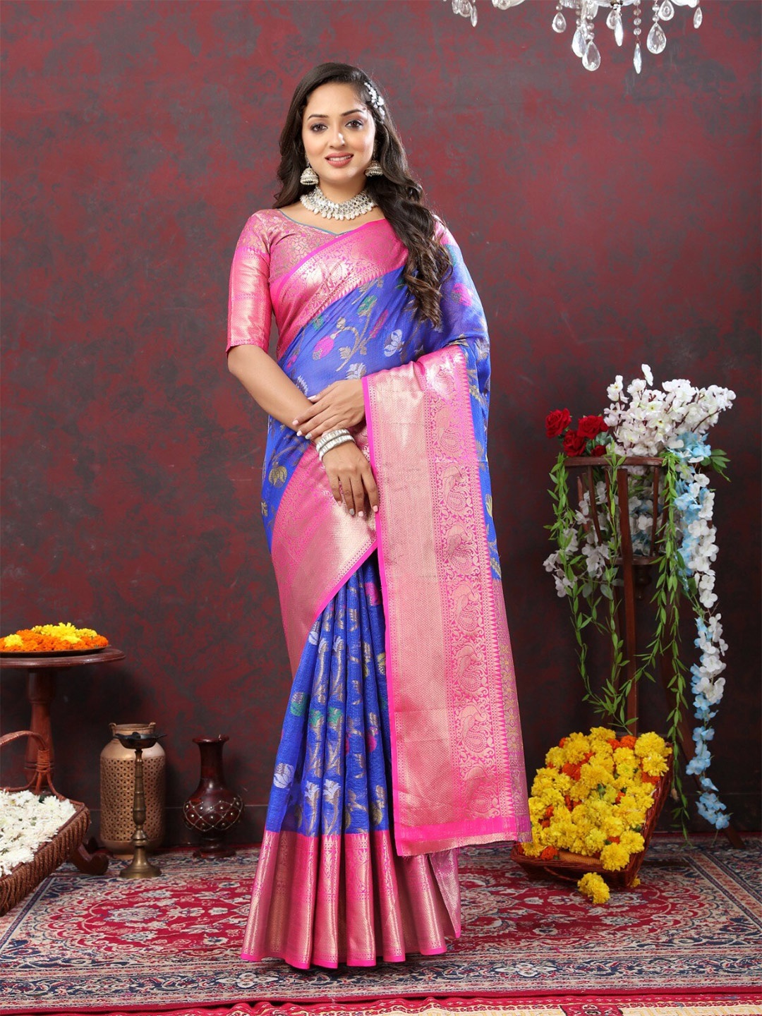 

bansari textiles Floral Woven Design Zari Banarasi Saree, Blue