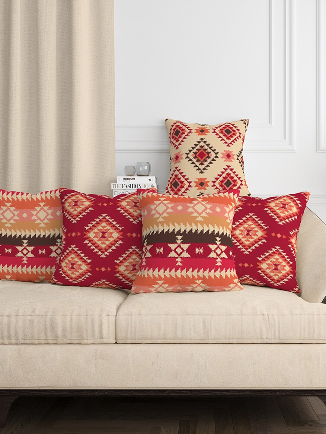 

Aura Red & Cream Coloured 5 Pcs Geometric Square Cushion Covers