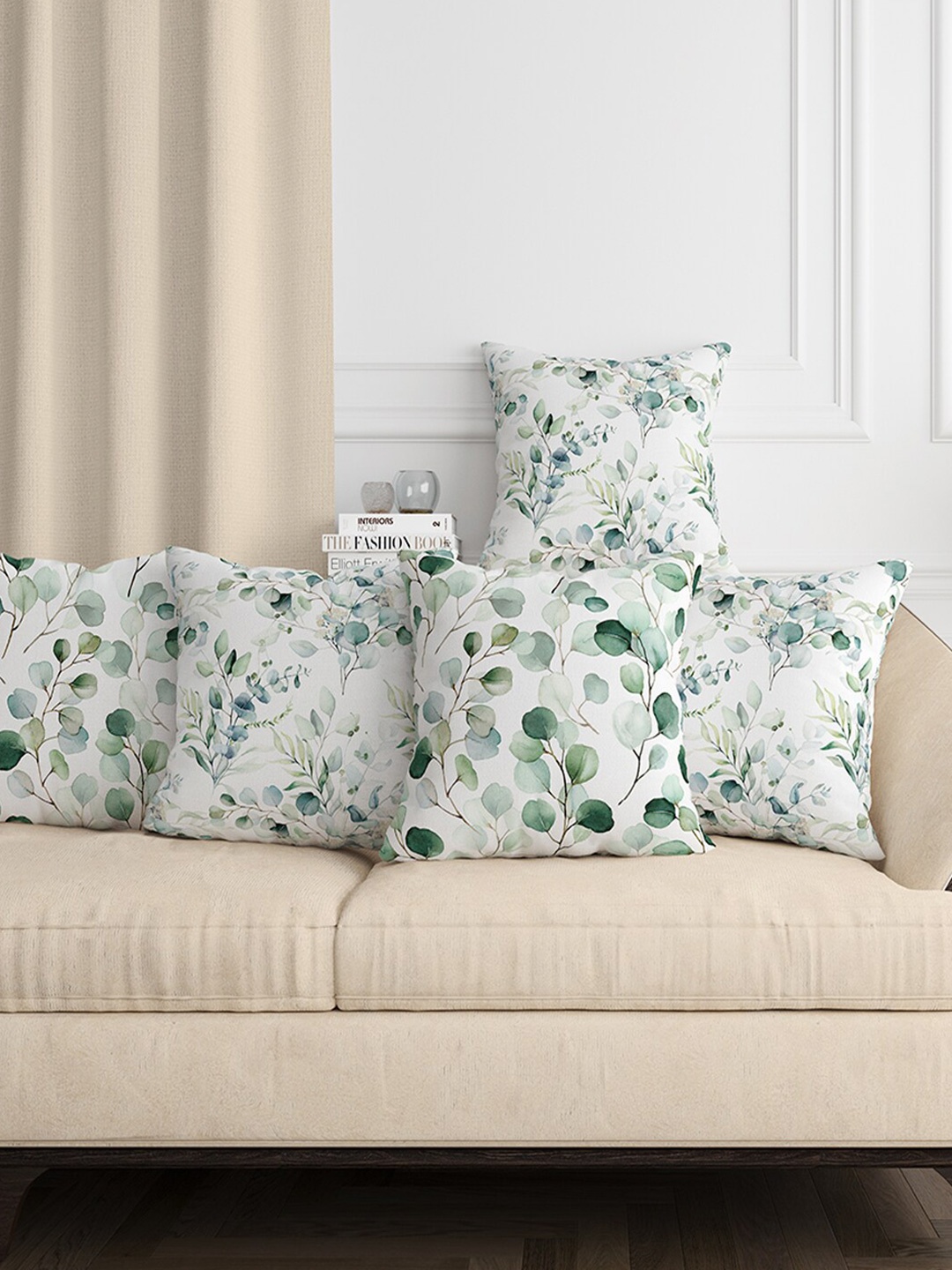 

Aura Green & White 5 Pcs Floral Square Cushion Covers