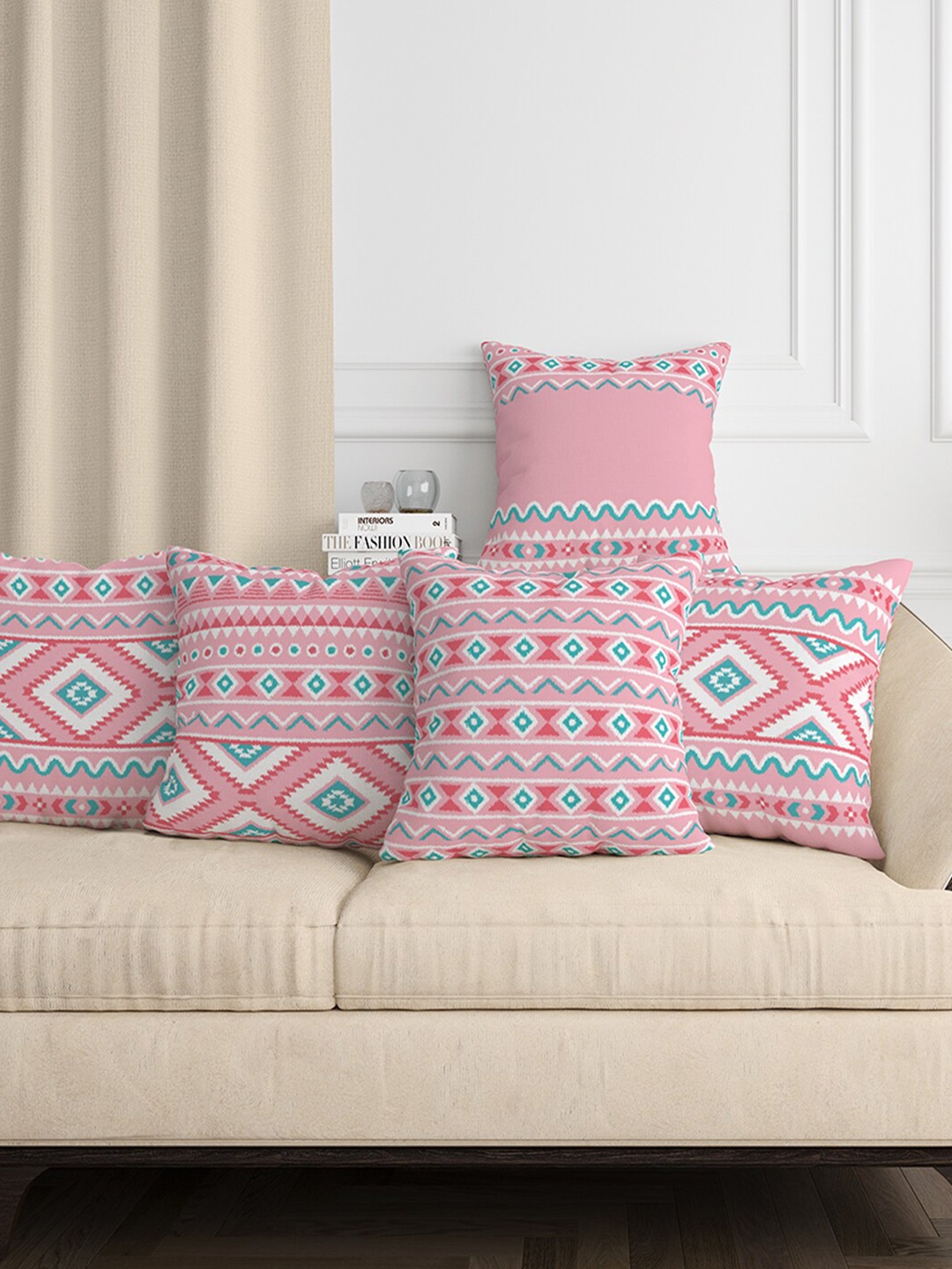 

Aura Pink & White 5 Pcs Geometric Square Cushion Covers