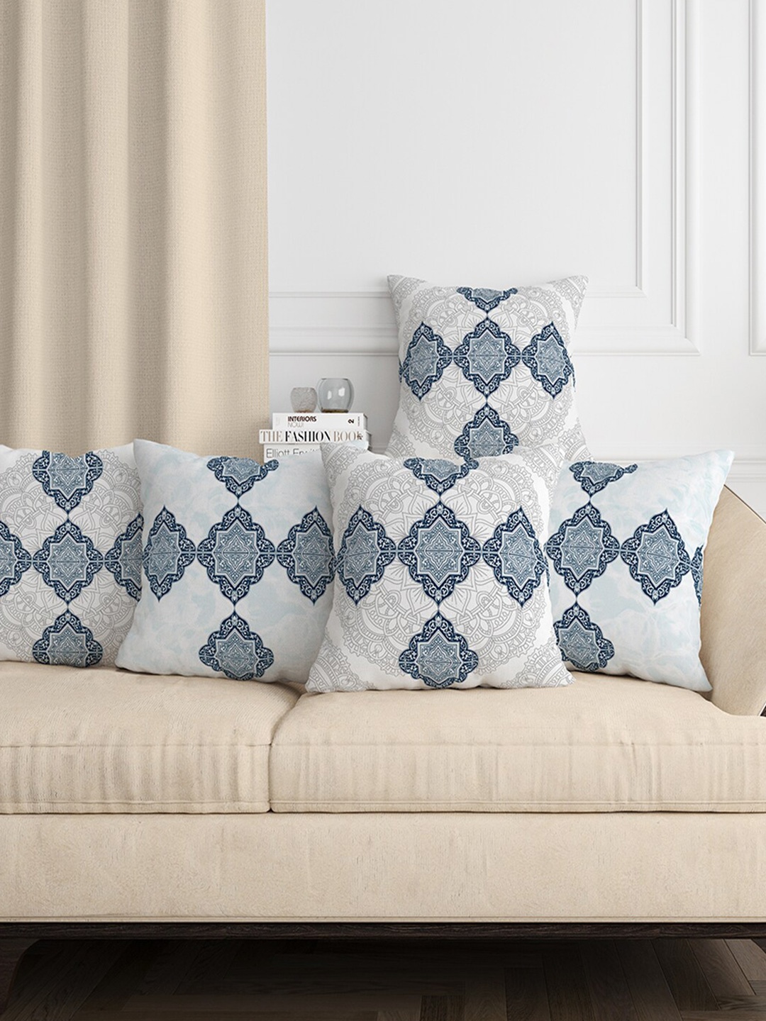 

Aura White & Blue 5 Pieces Ethnic Motifs Square Cushion Covers