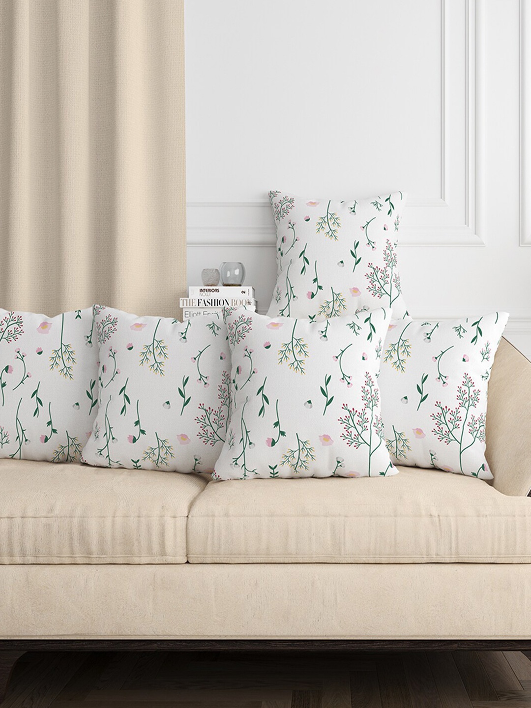 

Aura White & Green 5 Pieces Floral Square Cushion Covers