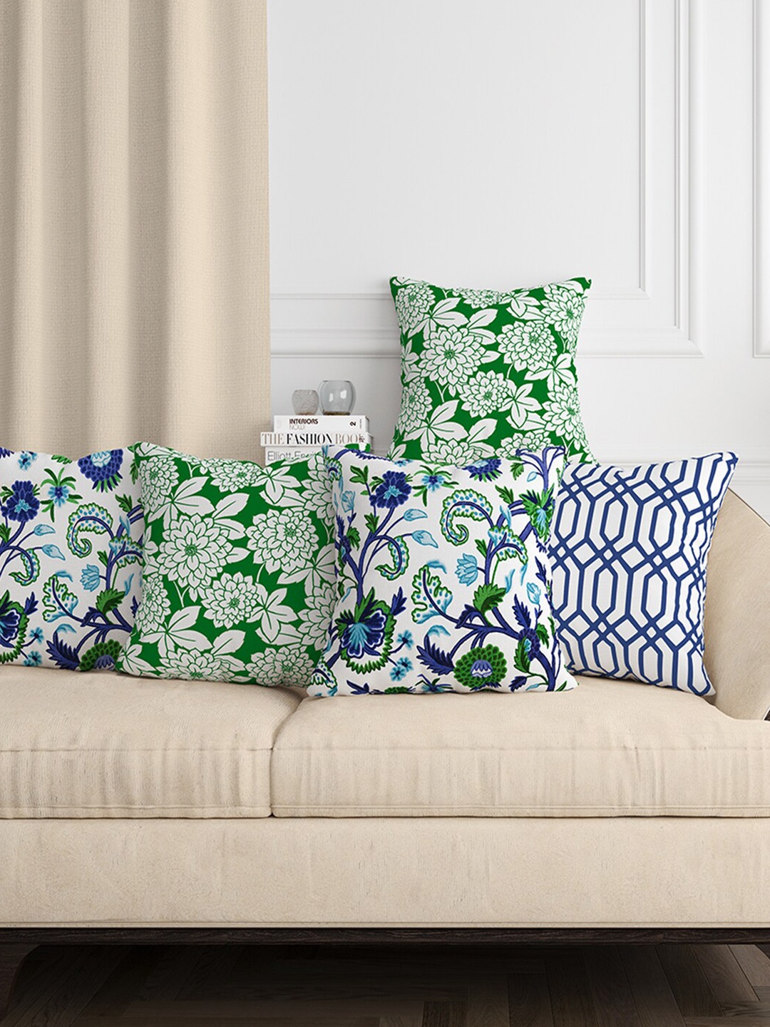 

Aura Green & White 5 Pieces Floral Square Cushion Covers