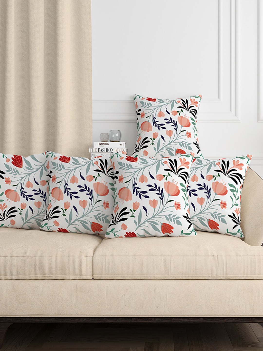 

Aura White & Red 5 Pieces Floral Square Cushion Covers