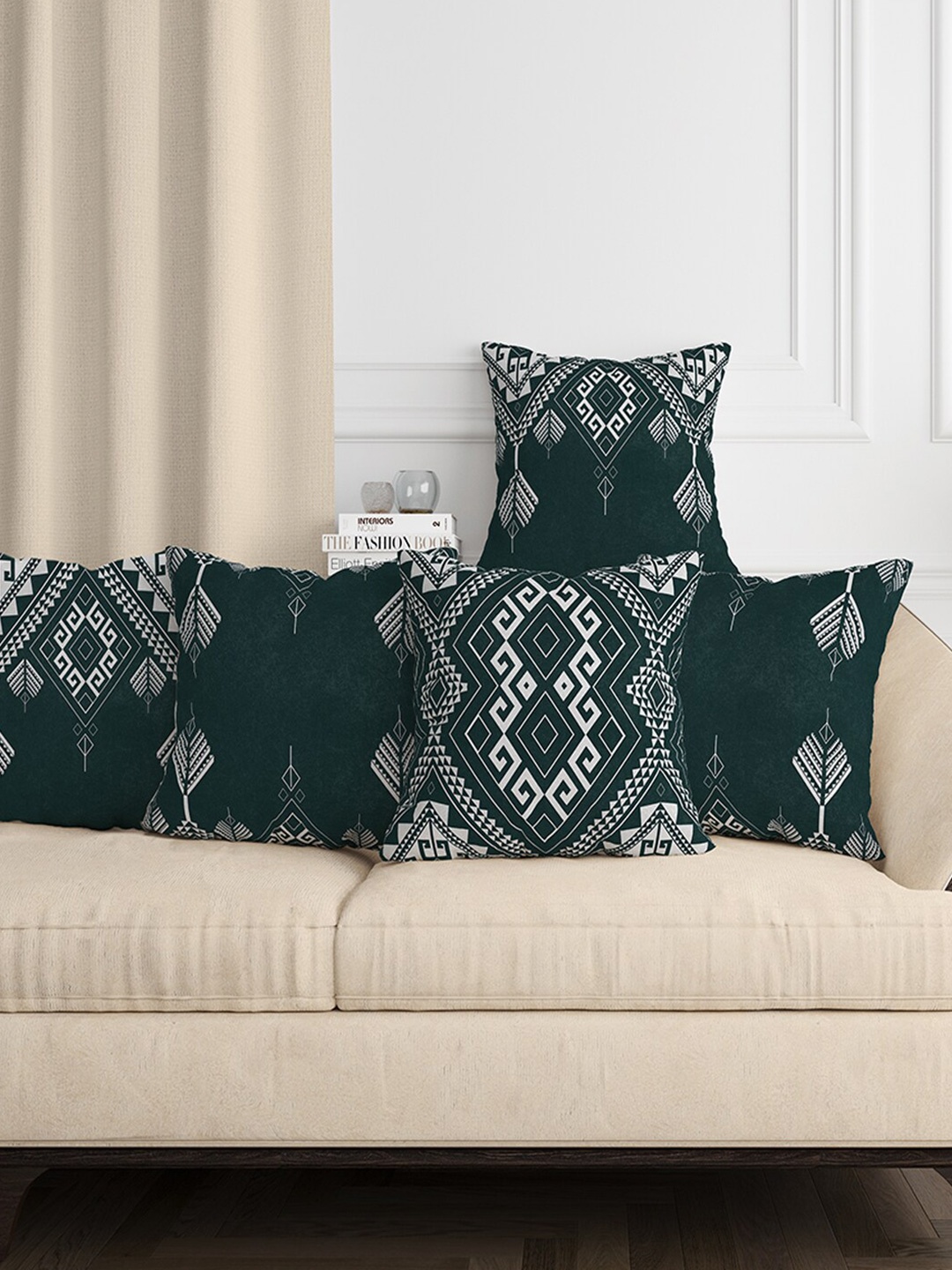 

Aura Green & White 5 Pieces Ethnic Motifs Square Cushion Covers