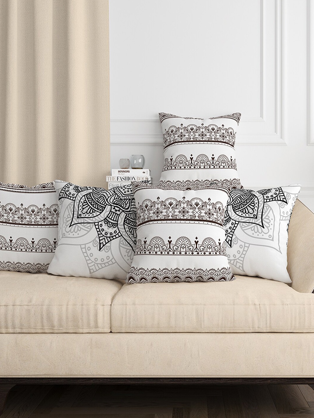 

Aura White Black 5 Pieces Ethnic Motifs Square Cushion Covers