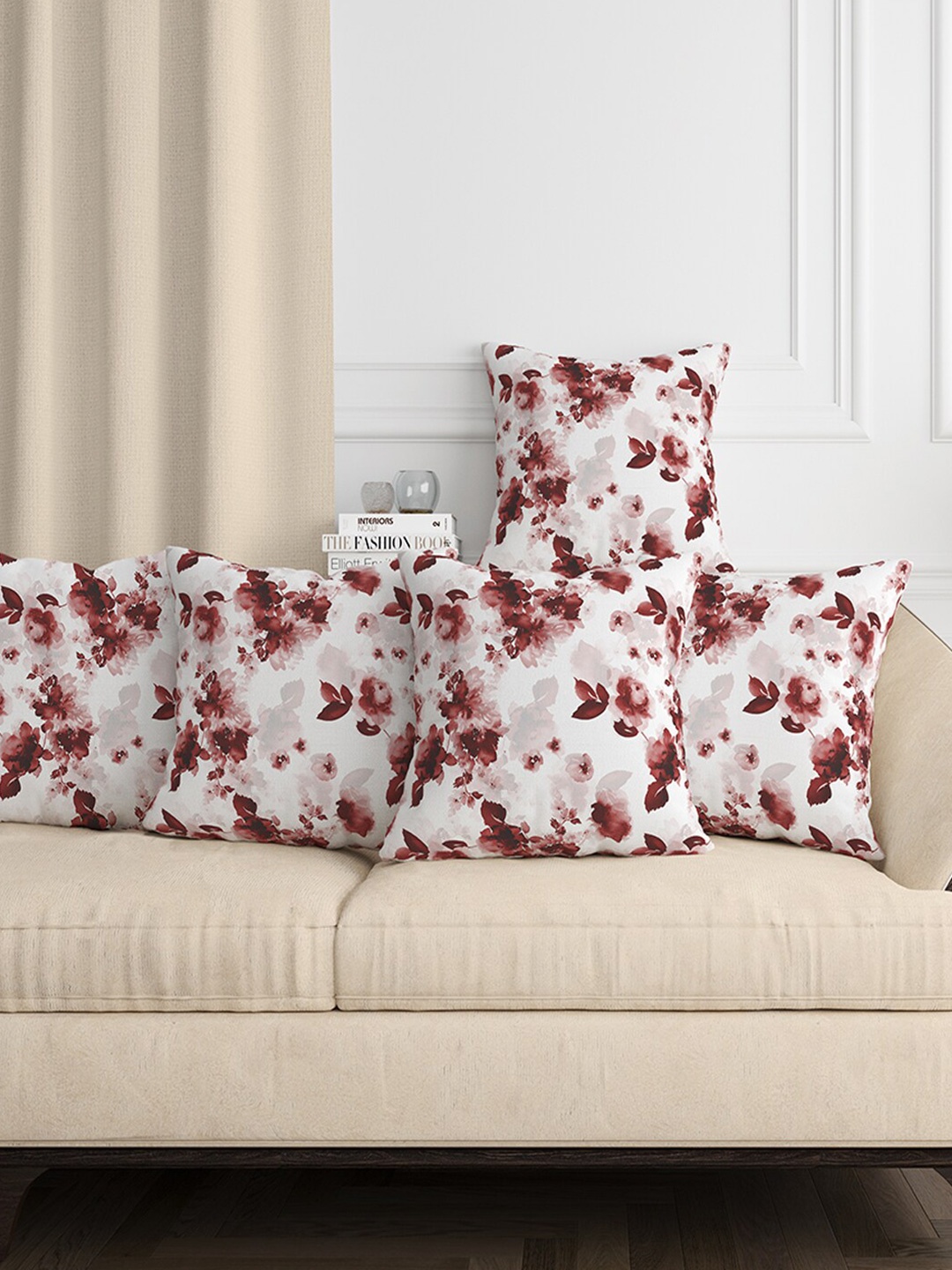 

Aura Red & White 5 Pieces Floral Square Cushion Covers