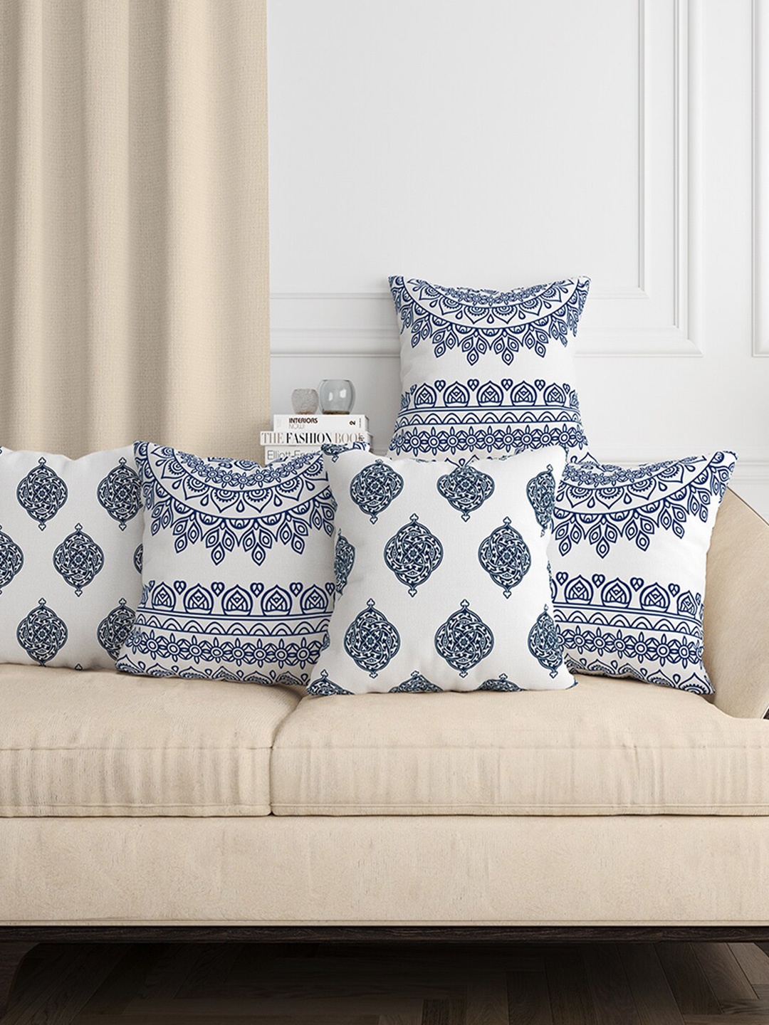 

Aura White & Blue 5 Pieces Ethnic Motifs Square Cushion Covers