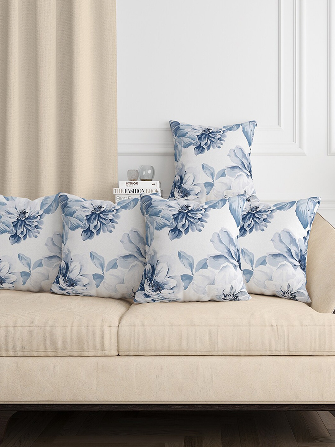 

Aura Blue & White 5 Pieces Floral Square Cushion Covers