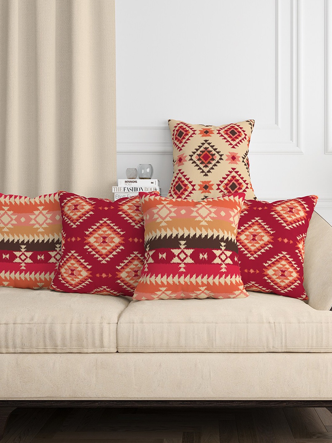 

Aura Red & Cream 5 Pieces Geometric Square Cushion Covers