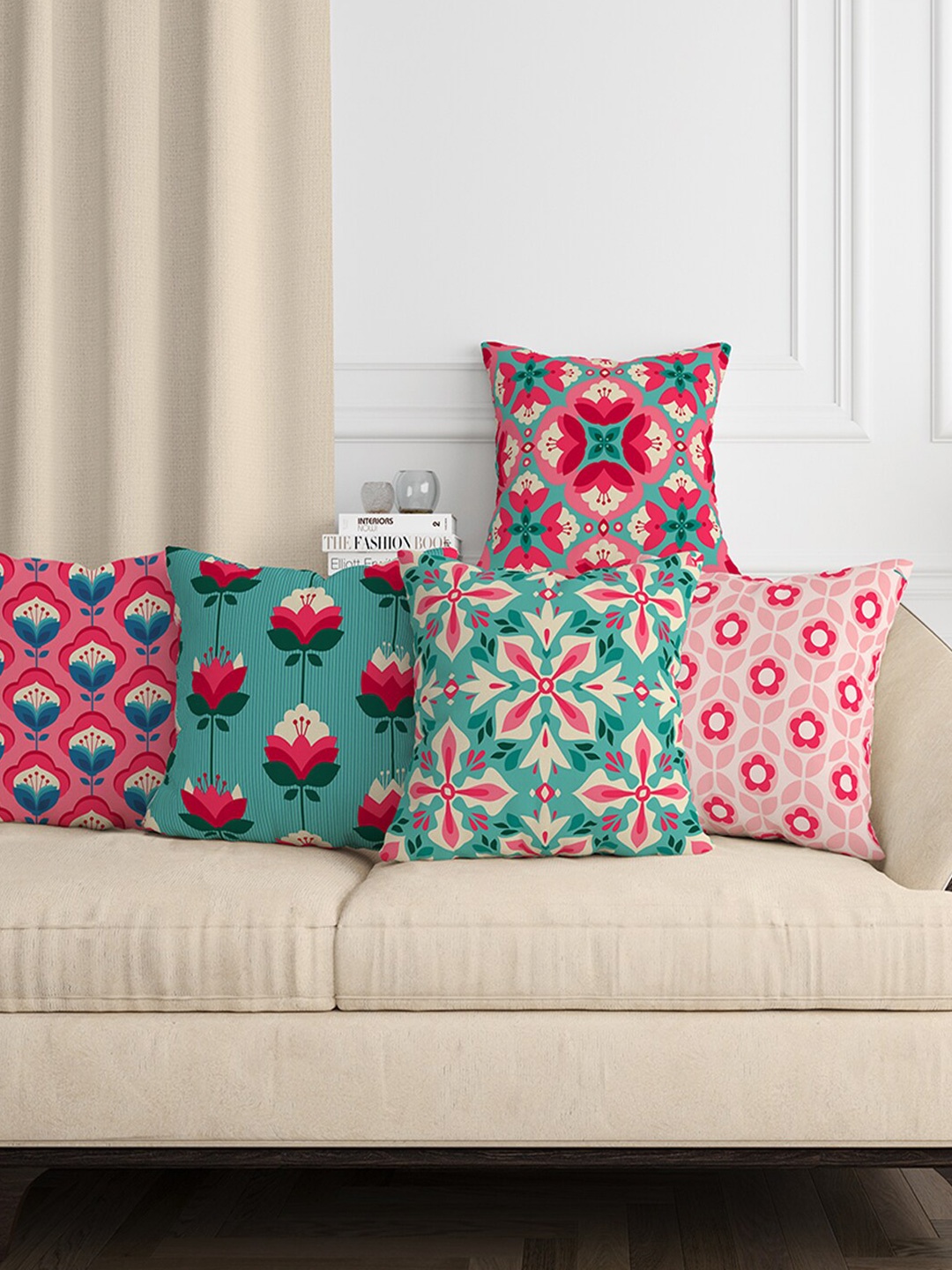 

Aura Pink & Red 5 Pieces Ethnic Motifs Square Cushion Covers