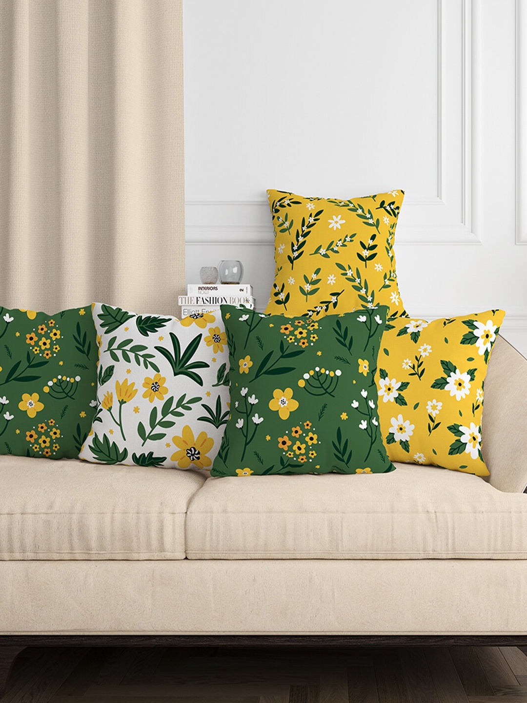 

Aura Green & White 5 Pieces Floral Square Cushion Covers