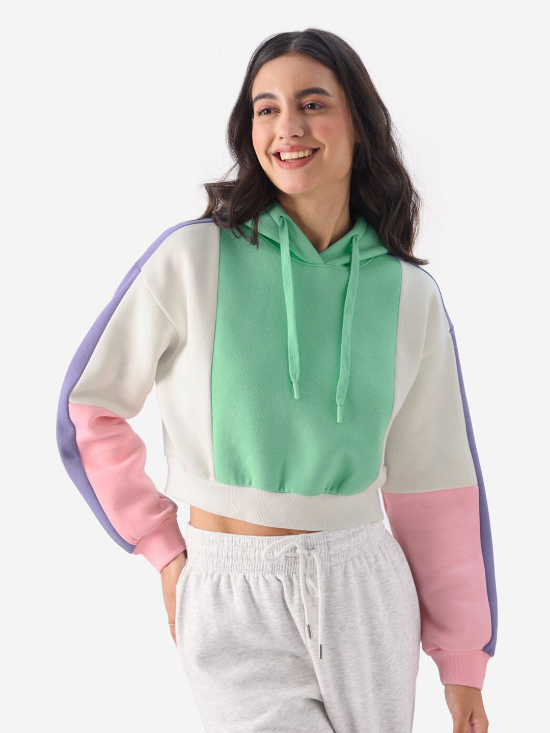 

The Souled Store Green & White Colourblocked Hooded Crop Pullover Sweatshirt