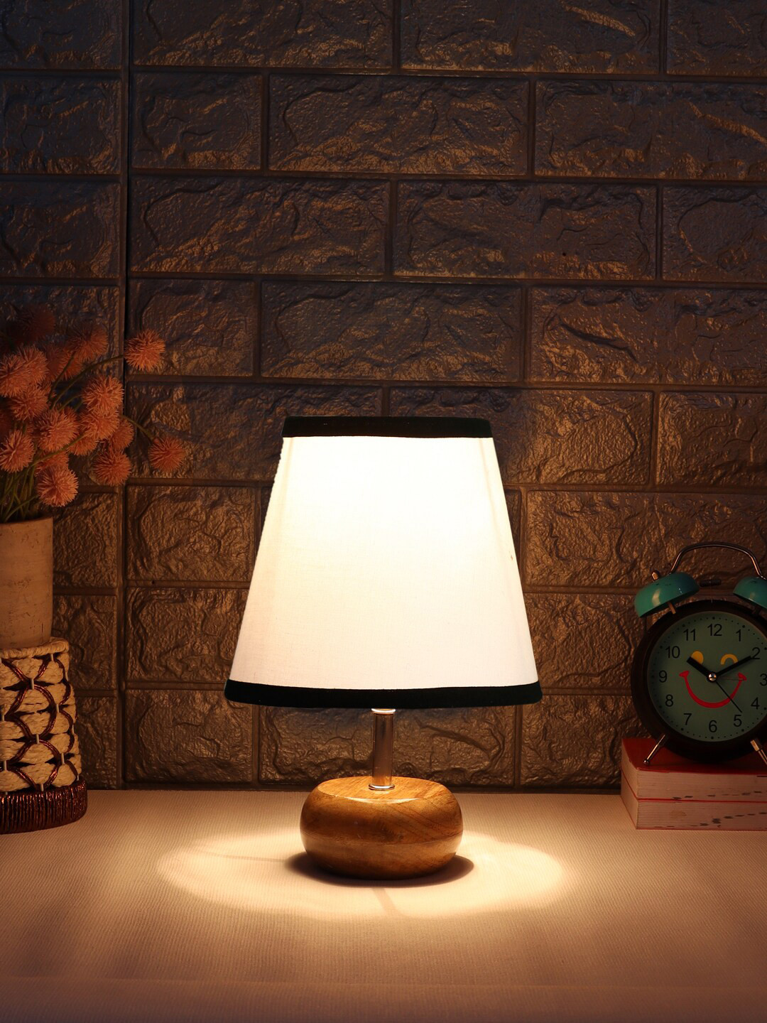 

Devansh White Cotton Round Frustum Wooden Table Lamp
