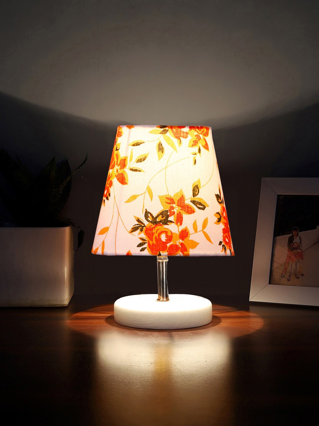 

Devansh White Floral Printed Frustum Wooden Table Lamp