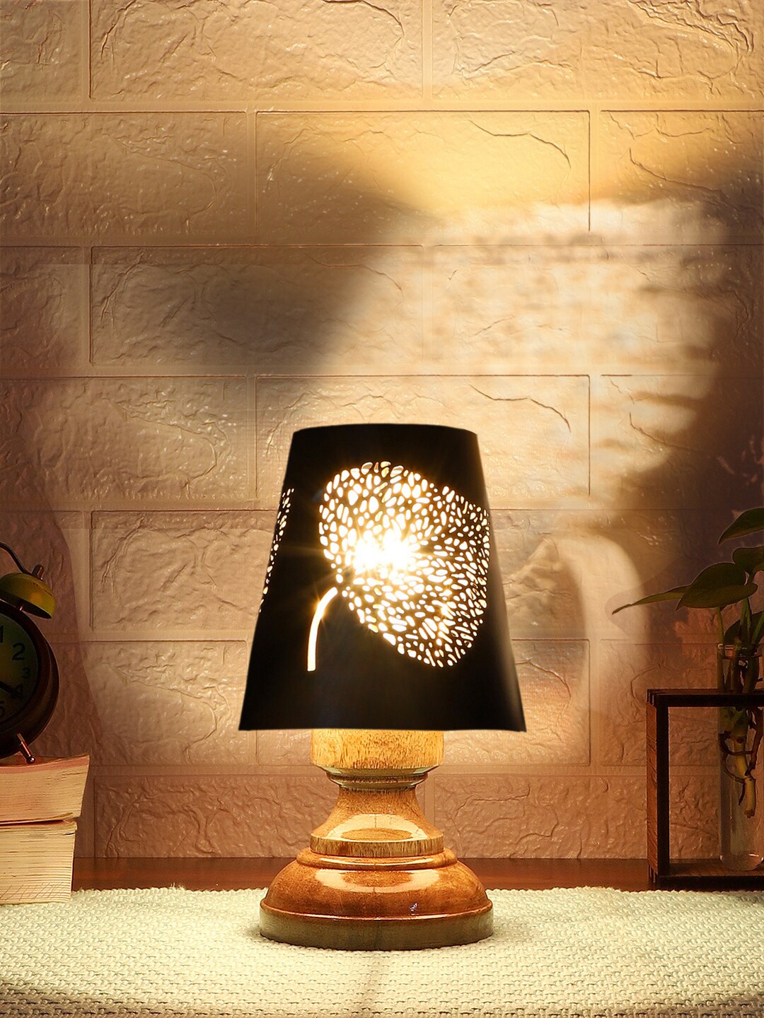 

Devansh Black Leaf Textured Metal With Wooden Base Table Lamp