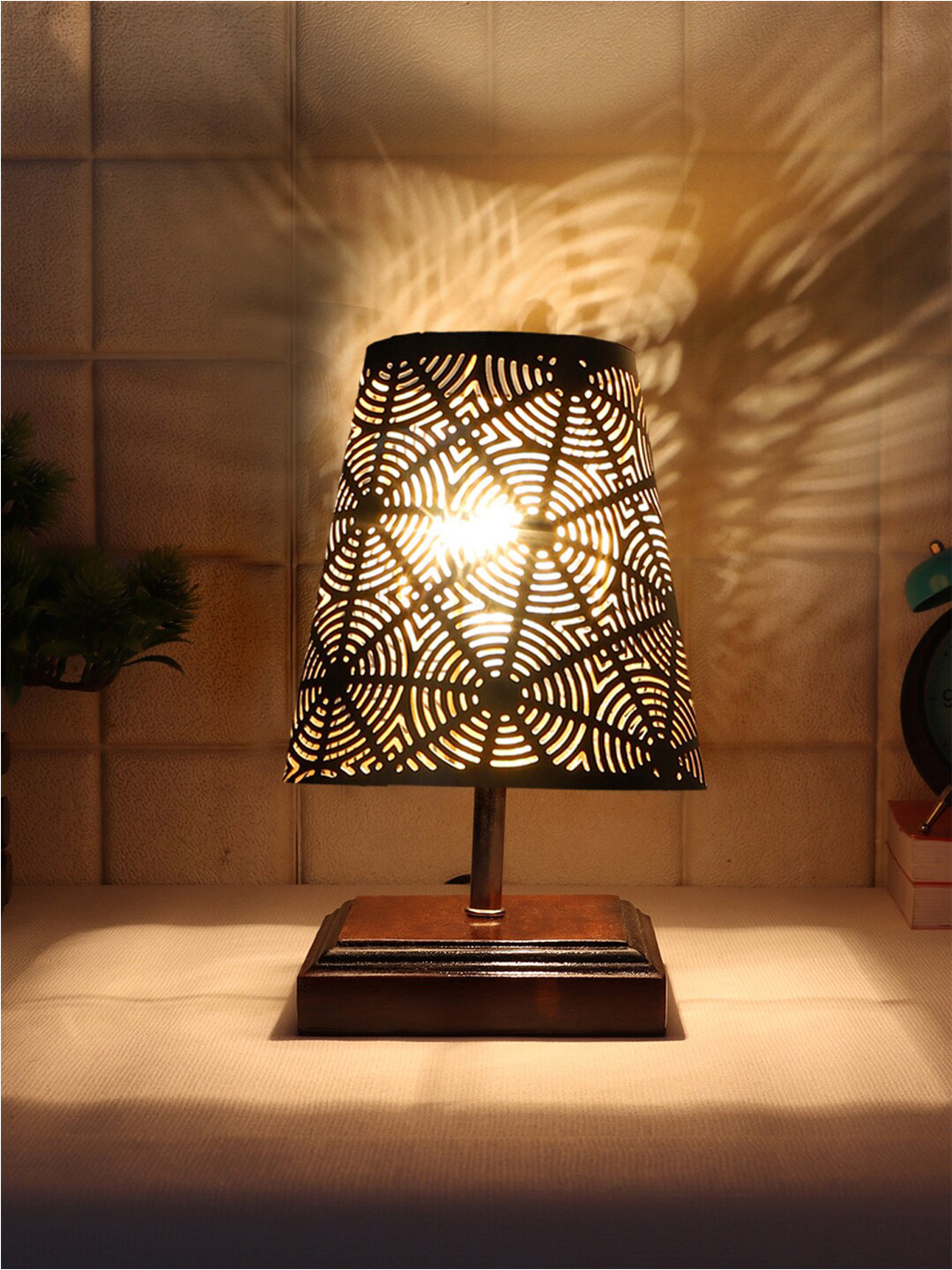

Devansh Black Textured Metal with Brown wooden Square Base Table Lamp