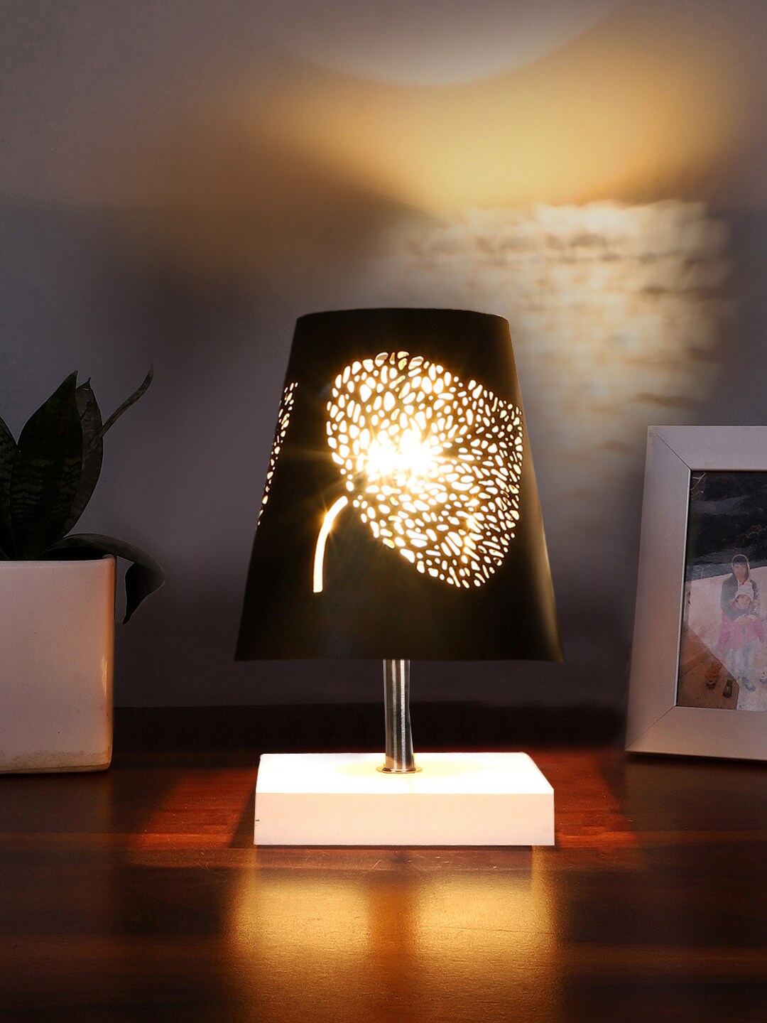 

Devansh Black Leaf Textured Metal With Wooden Square Base Table Lamp