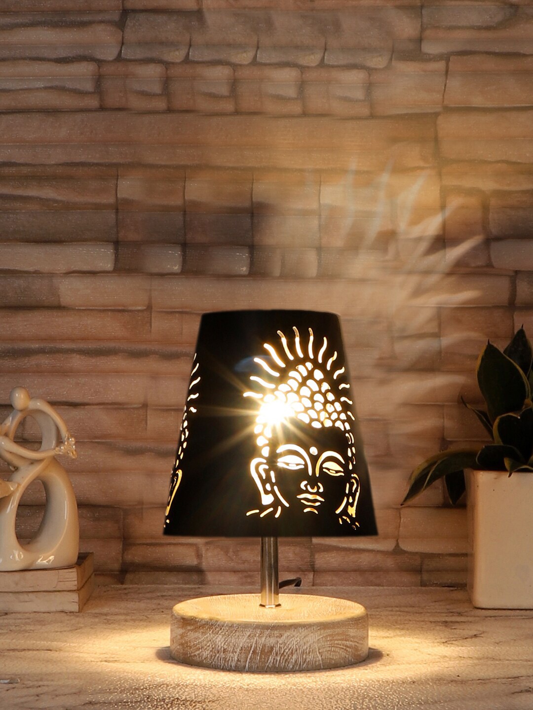 

Devansh Black Textured Metal With wood Round Base Table Lamp