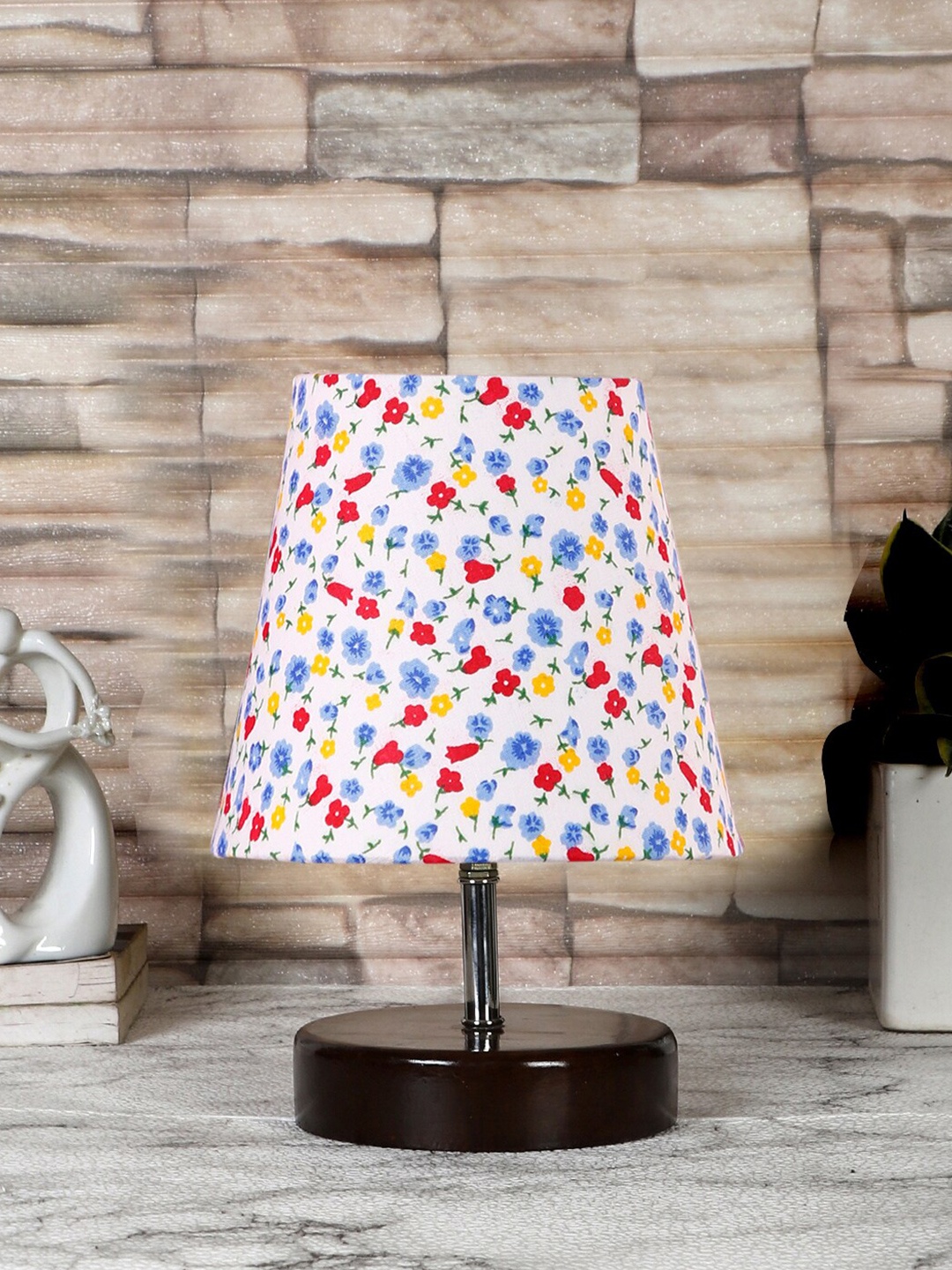 

Devansh White & Brown Wooden Printed Contemporary Table Lamp