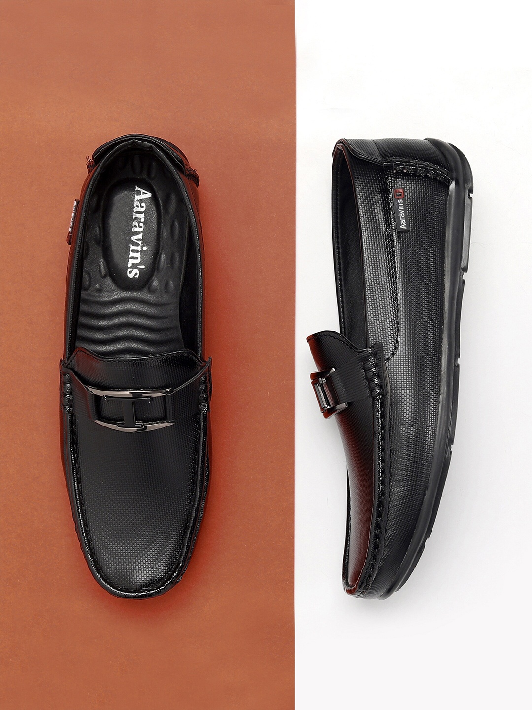 

AARAVIN'S Men Textured Lightweight Slip-On Horsebit Loafers, Black