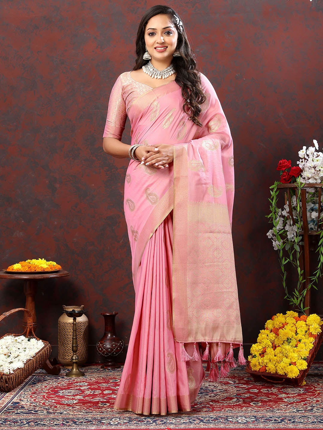 

Ekta Textiles Ethnic Motifs Woven Design Zari Silk Cotton Banarasi Saree, Pink