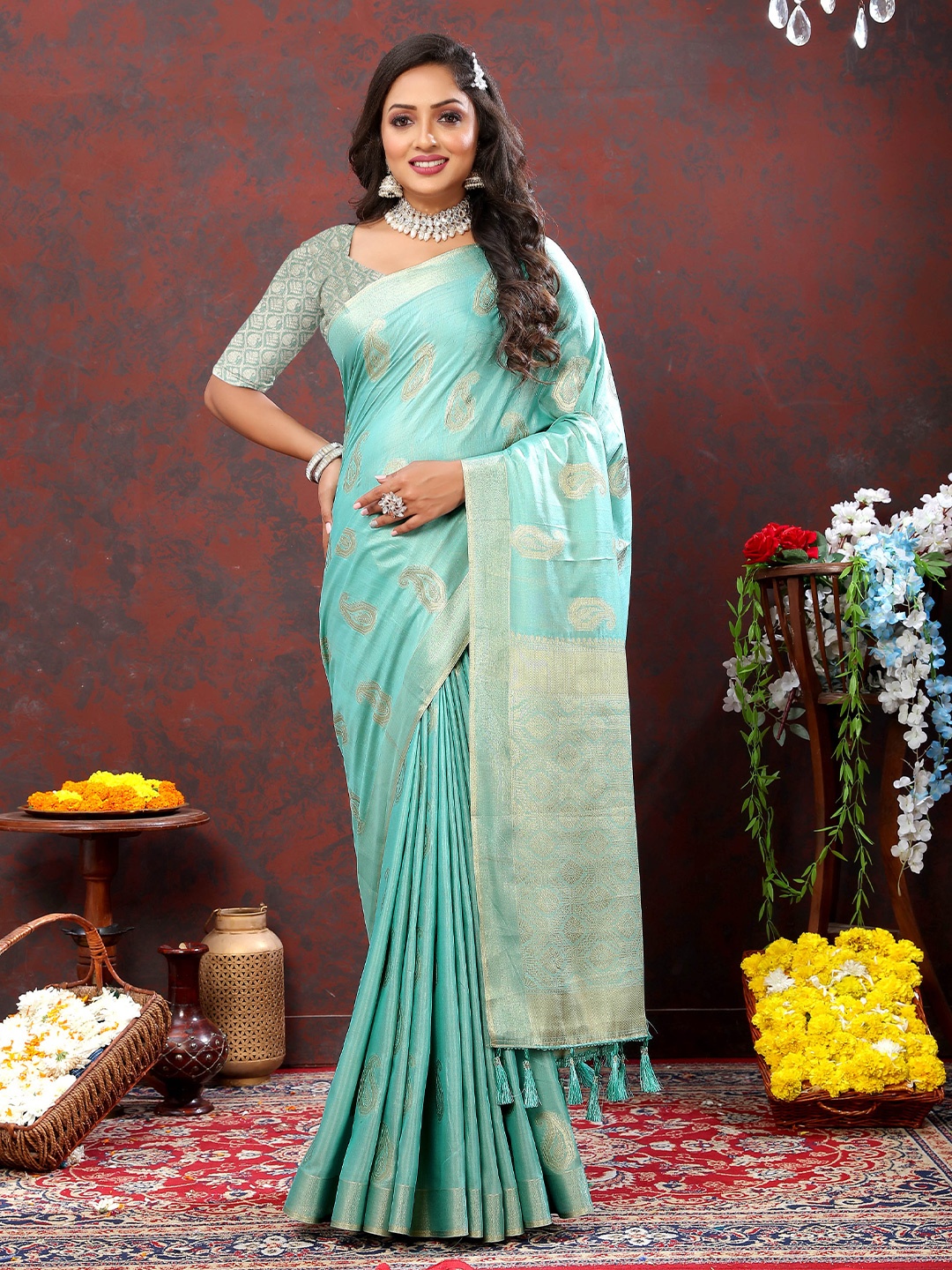 

Ekta Textiles Ethnic Motifs Woven Design Zari Silk Cotton Banarasi Saree, Turquoise blue