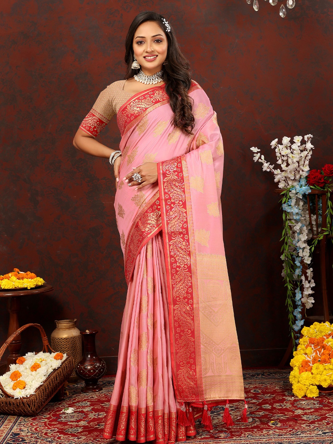 

Ekta Textiles Ethnic Motifs Woven Design Zari Pure Silk Banarasi Saree, Pink