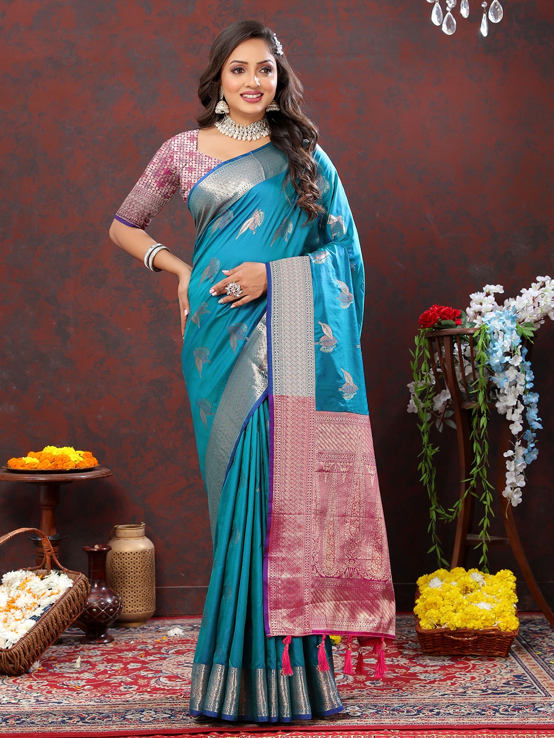 

Ekta Textiles Ethnic Motifs Woven Design Zari Pure Silk Banarasi Saree, Blue