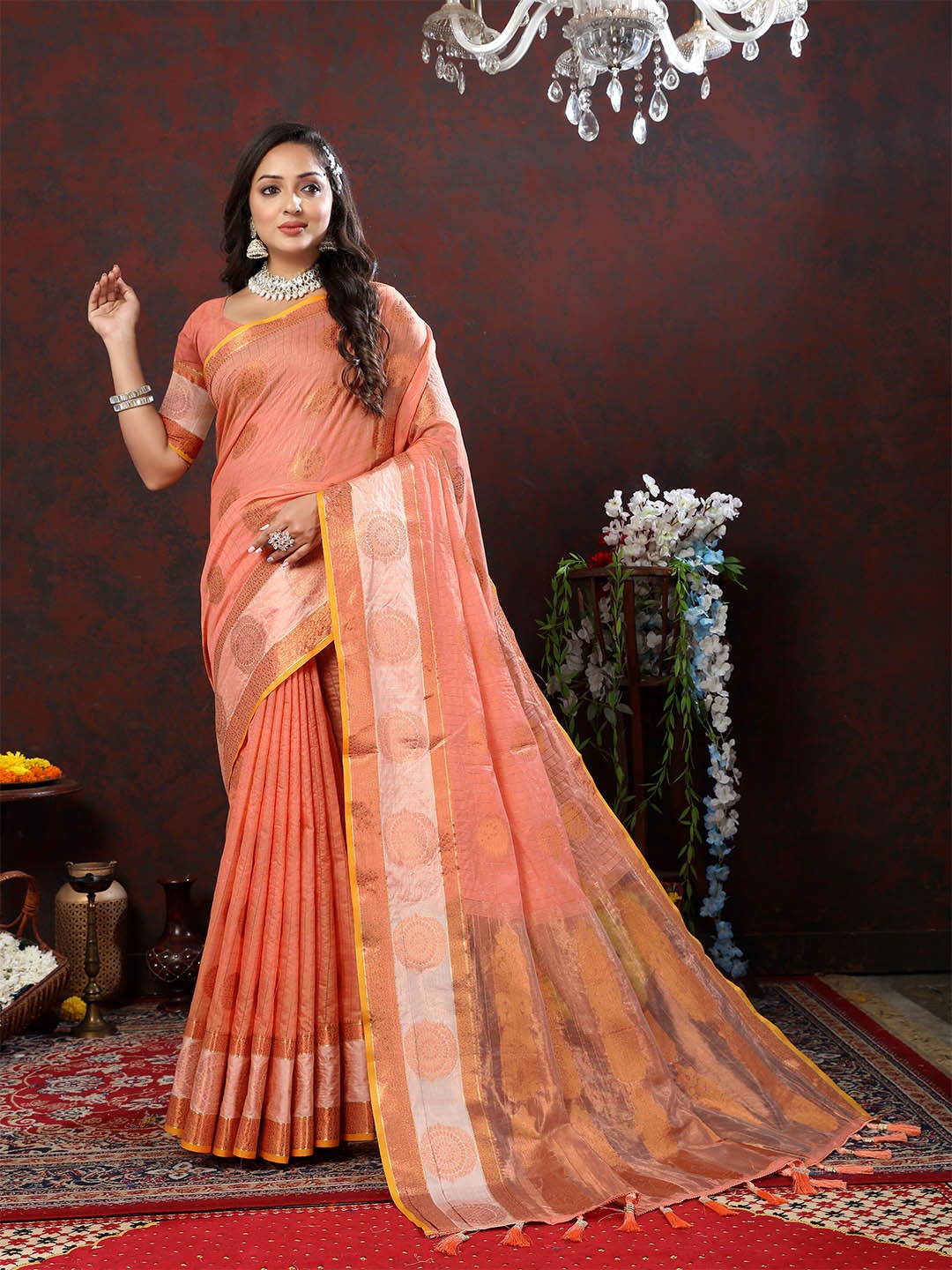 

Ekta Textiles Ethnic Motifs Woven Design Zari Silk Cotton Banarasi Saree, Peach