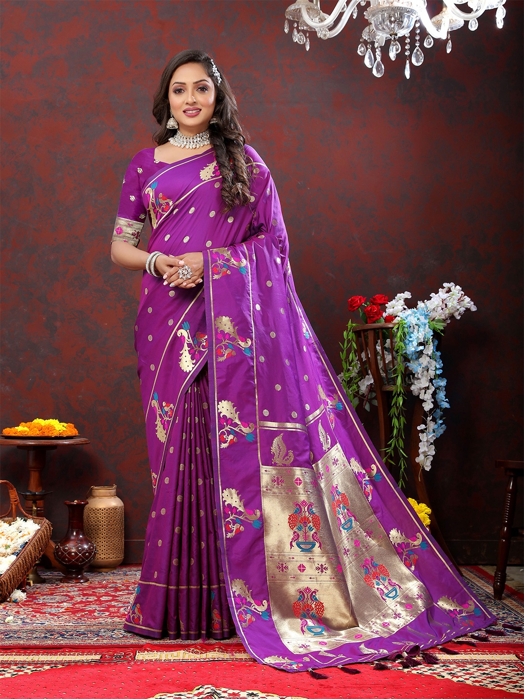 

Ekta Textiles Ethnic Motifs Woven Design Zari Pure Silk Paithini Saree, Purple