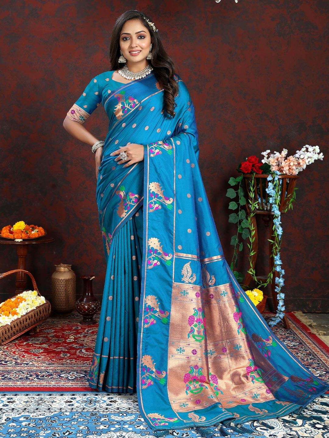 

Ekta Textiles Ethnic Motifs Woven Design Zari Pure Silk Paithini Saree, Turquoise blue