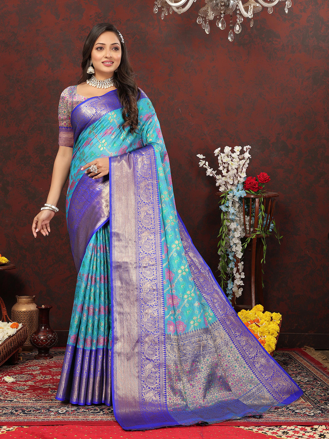 

Ekta Textiles Ethnic Motifs Woven Design Zari Pure Silk Cotton Banarasi Saree, Turquoise blue