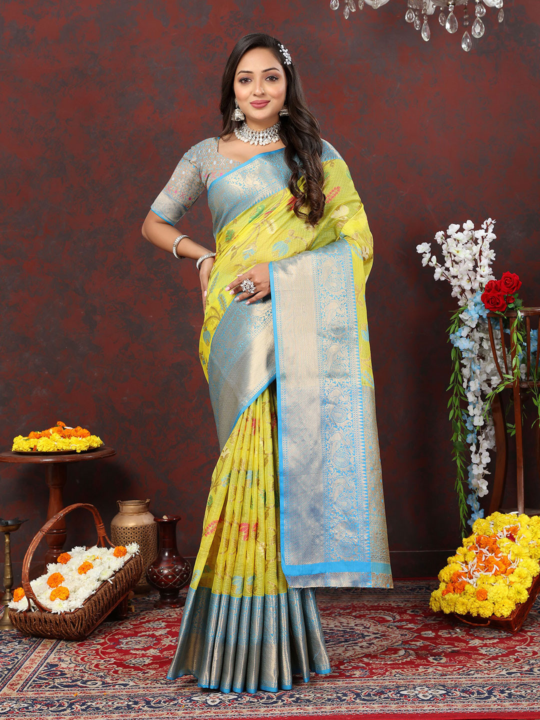 

Ekta Textiles Ethnic Motifs Woven Design Zari Silk Cotton Banarasi Saree, Green