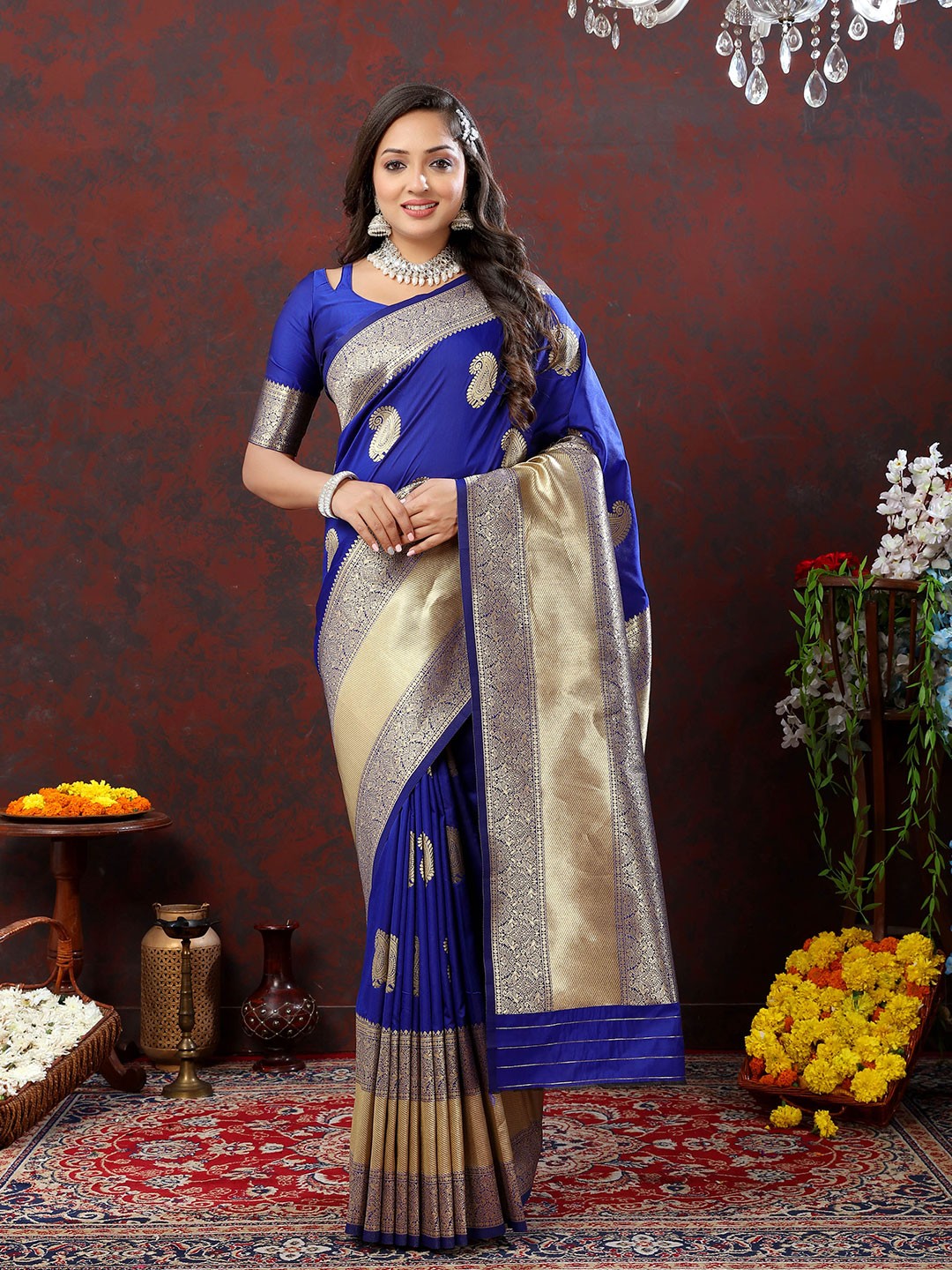 

Ekta Textiles Ethnic Motifs Woven Design Zari Pure Silk Banarasi Saree, Blue