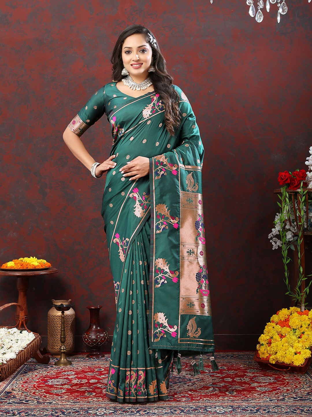 

Ekta Textiles Ethnic Motifs Woven Design Zari Pure Silk Paithani Saree, Green