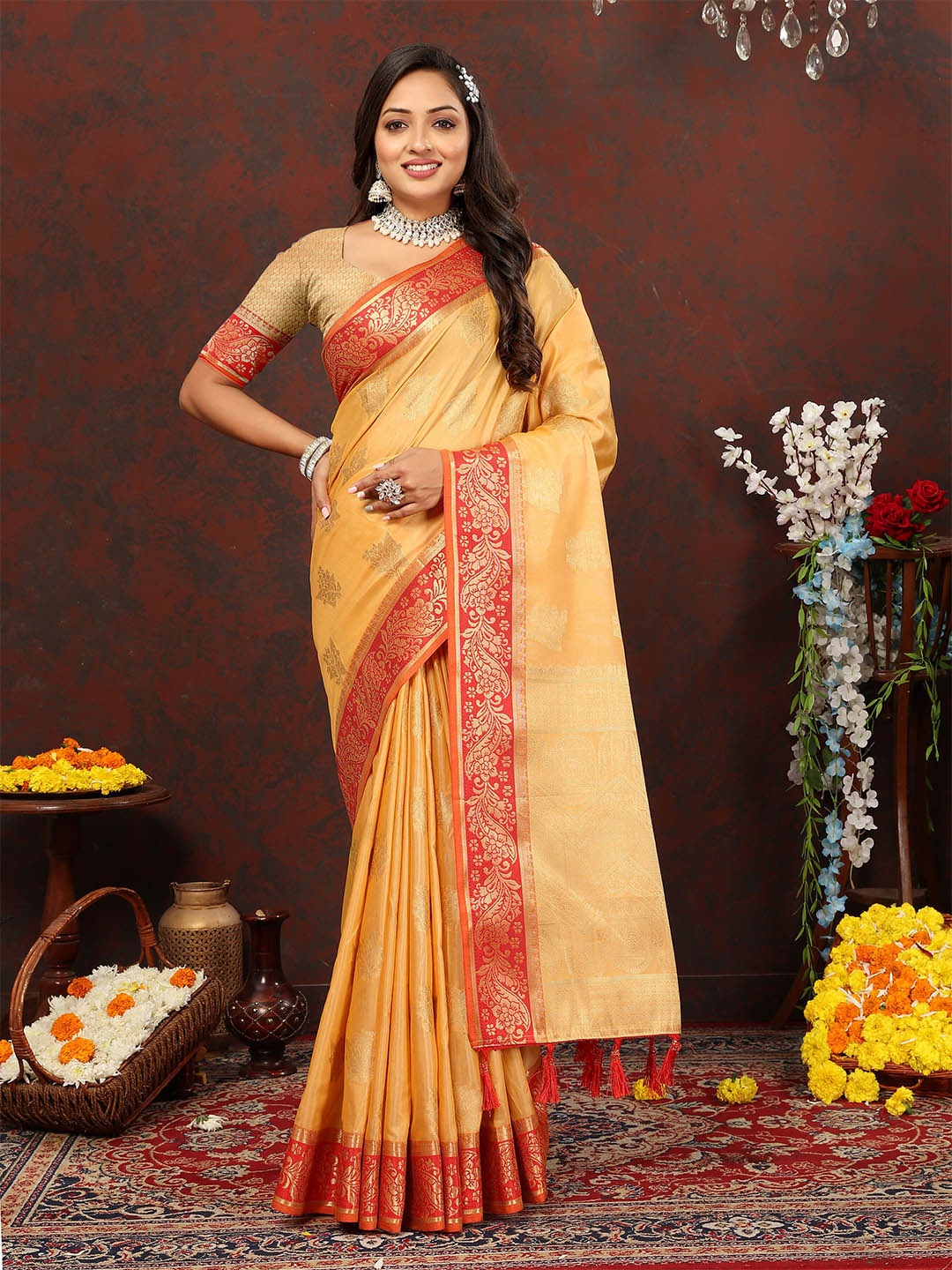 

Ekta Textiles Ethnic Motifs Woven Design Zari Pure Silk Cotton Banarasi Saree, Yellow