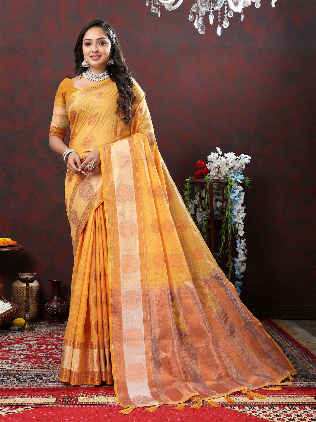 

Ekta Textiles Ethnic Motifs Woven Design Zari Pure Silk Cotton Banarasi Saree, Yellow