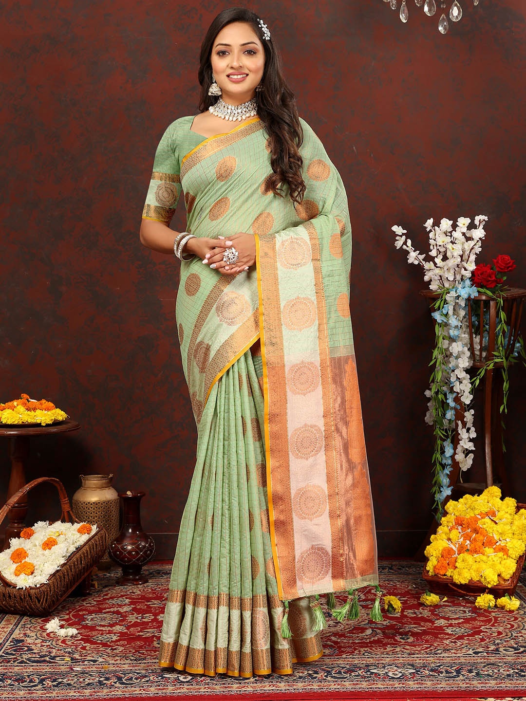 

Ekta Textiles Ethnic Motifs Woven Design Zari Pure Silk Cotton Banarasi Saree, Green